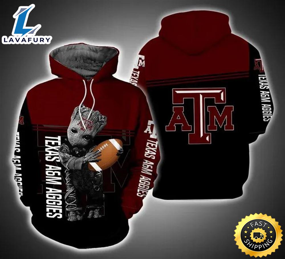 Baby Groot Hug Ball Texas A&M Aggies 3d Hoodie Texas A&M Aggies Fan Gifts