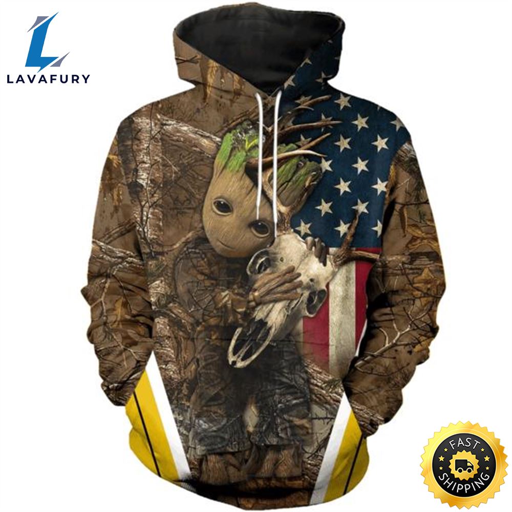 Baby Groot Skull Deer Camo American Flag Deer Hunting 3d Printed Hoodie