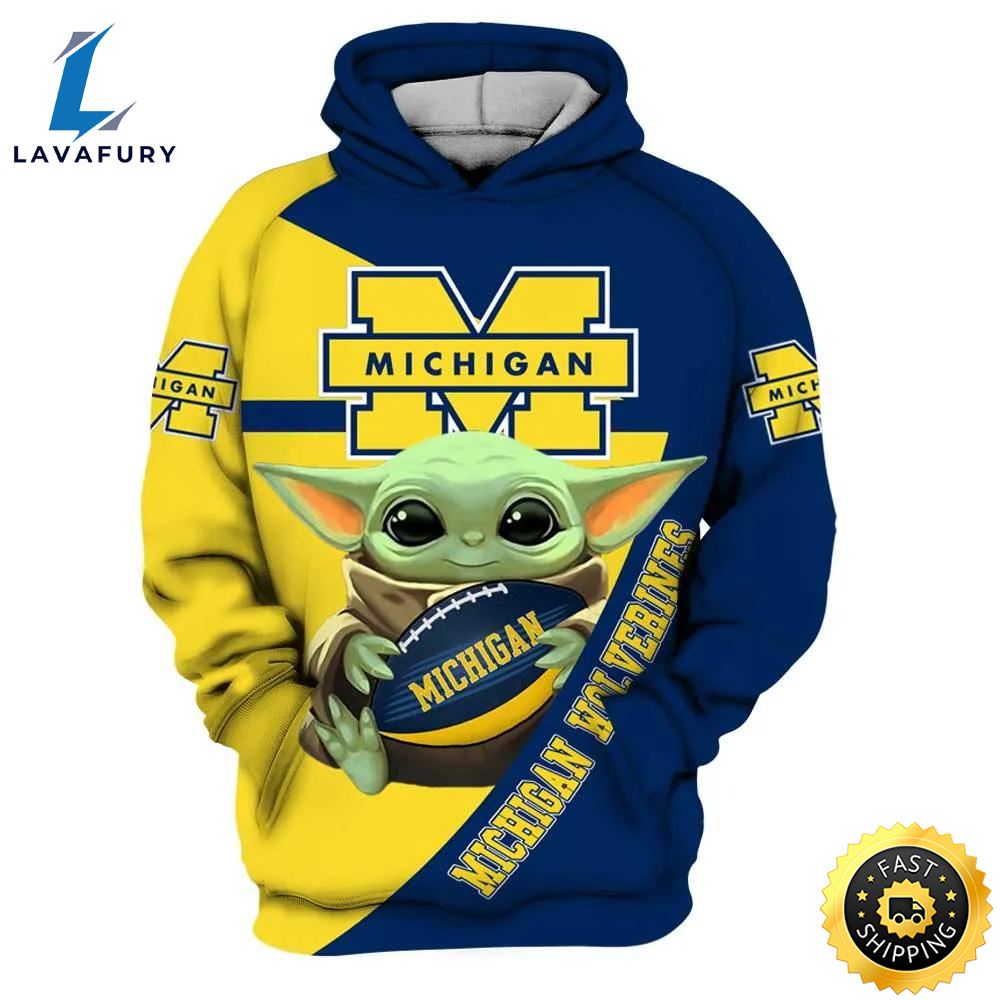 Baby Yoda Hug Ball Michigan Wolverines Football 3d Hoodie Michigan Wolverines Christmas Gifts