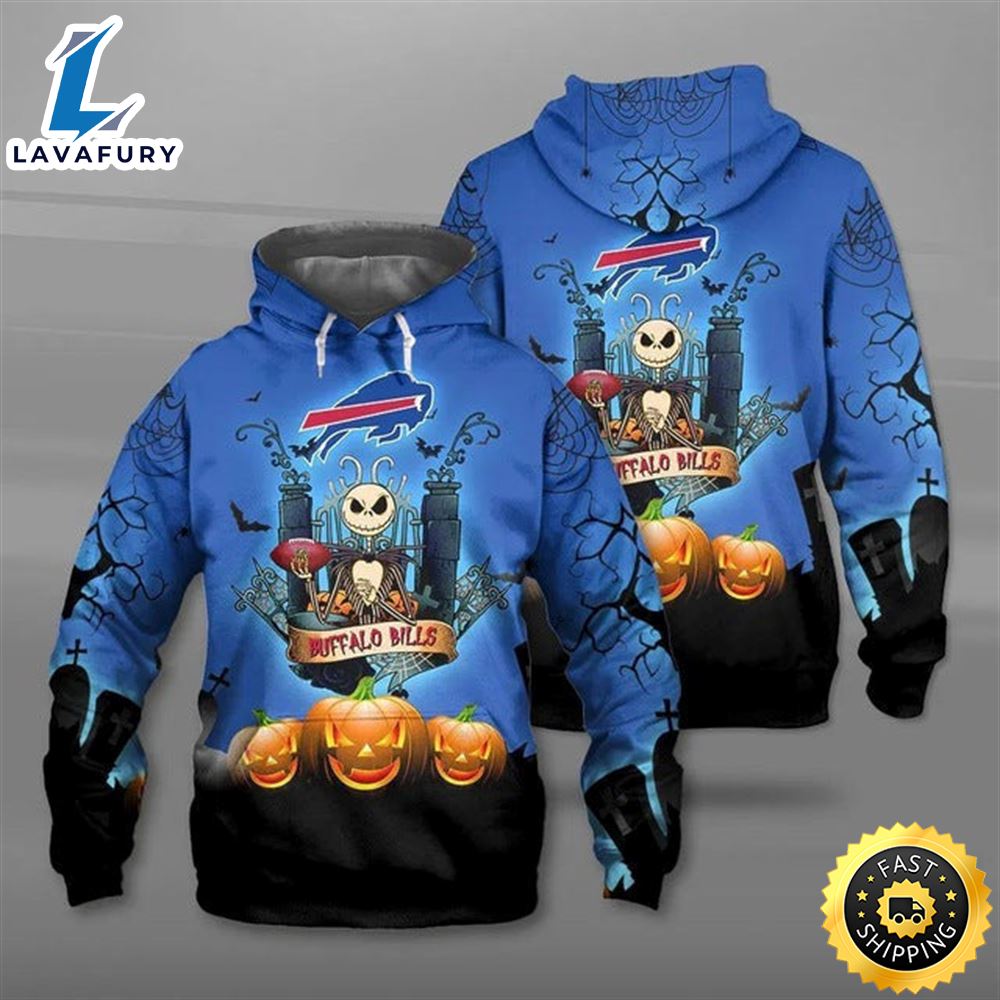 Buffalo Bills Halloween Jack Skellington With Pumpkin Super Bowl 3d Pullover Hoodie