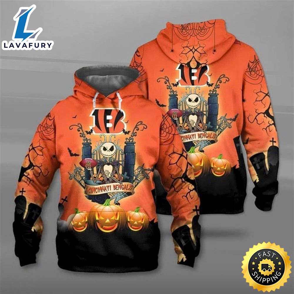 Cincinnati Bengals Halloween Pumpkin Jack Skellington Super Bowl 3d Pullover Hoodie