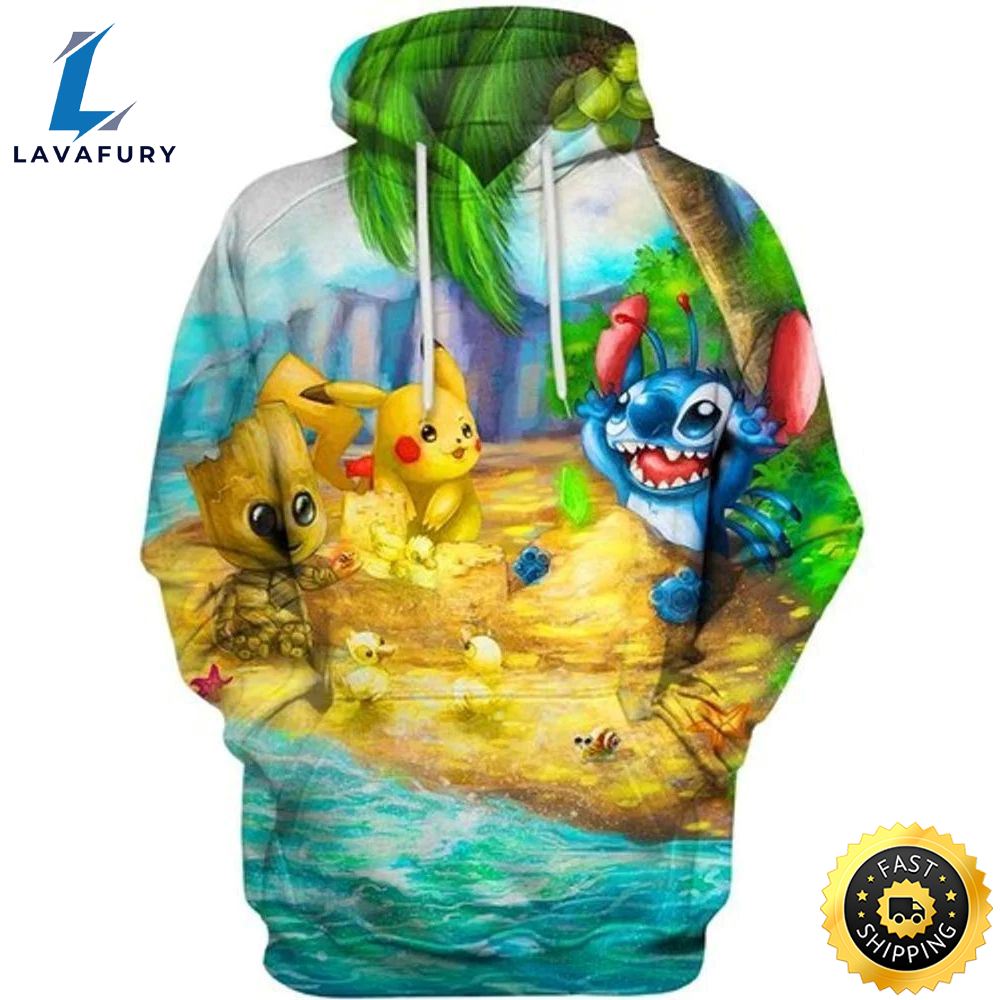 Cute Things On The Beach Pikachu Stitch Groot All Over Printed Custom 3d Hoodie