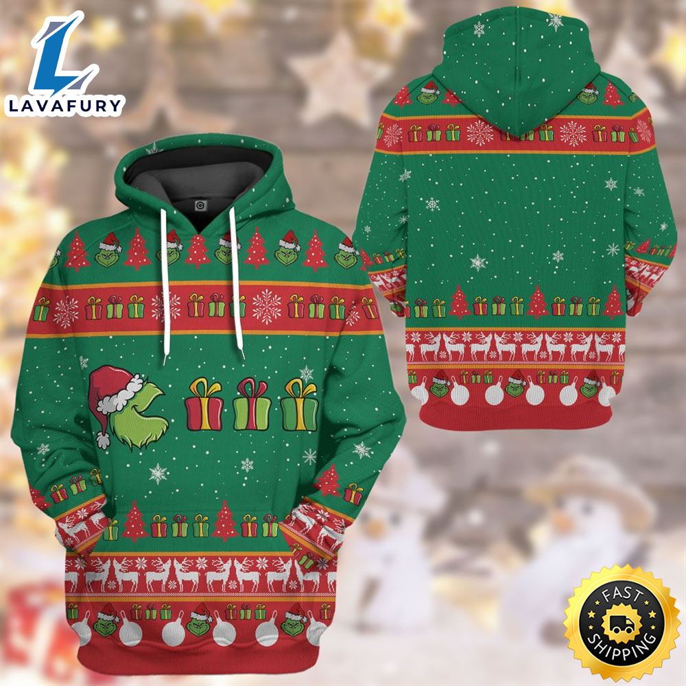 Grinch Shirt Grinched Man Eating Gifts Christmas Pattern Green Red Hoodie
