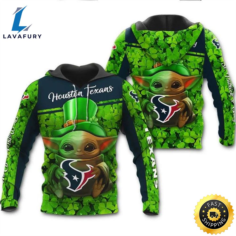 Houston Texans Baby Yoda St Patrick's Day 3d Hoodie All Over Printed