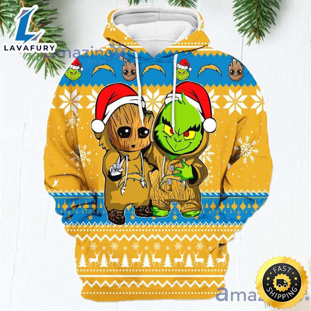 Los Angeles Chargers Baby Groot And Grinch Best Friends New Trends Christmas Gift 3d Hoodie For Men And