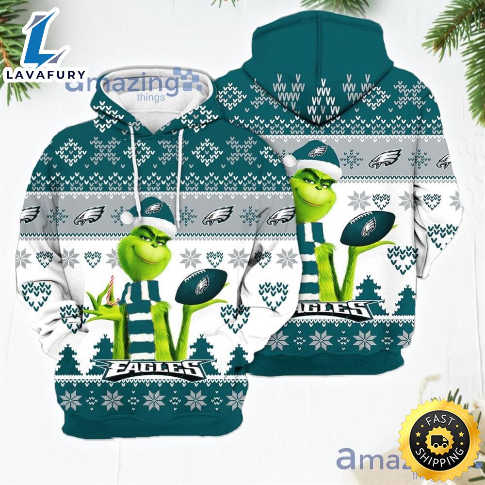 Merry Christmas 2023 Super Bowl American Grinch Cute Eagles 3d Hoodie Christmas Gift For Men