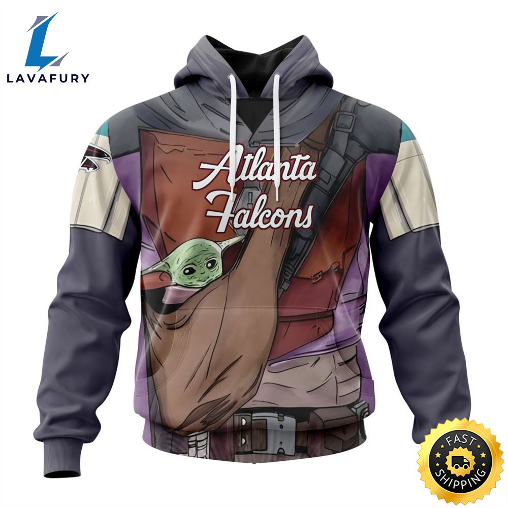 NFL Atlanta Falcons Custom Name Number Mandalorian And Baby Yoda Pullover Hoodie