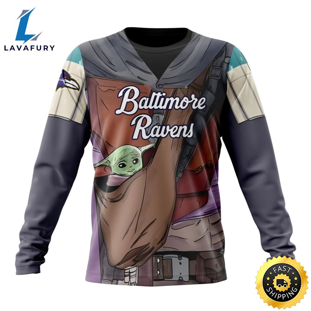 NFL Baltimore Ravens Custom Name Number Mandalorian And Baby Yoda Sweatshirt