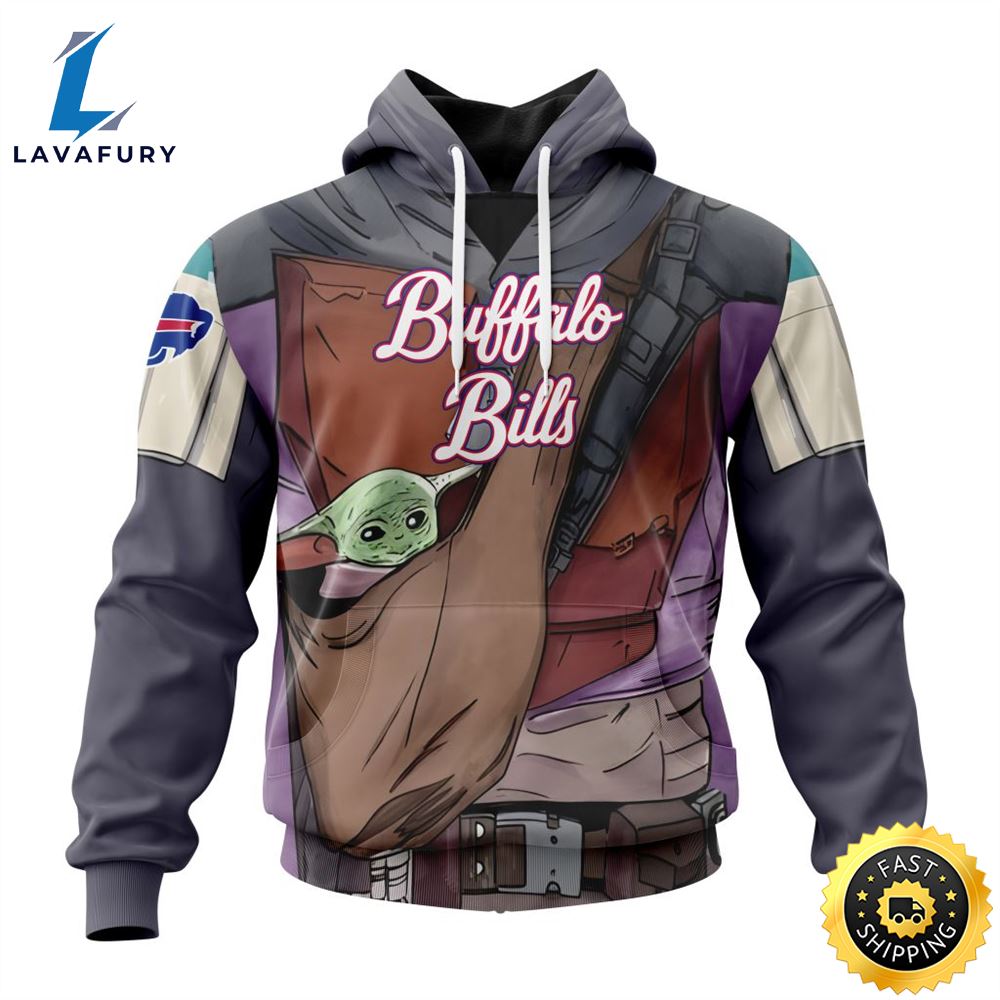 NFL Buffalo Bills Custom Name Number Mandalorian And Baby Yoda Pullover Hoodie