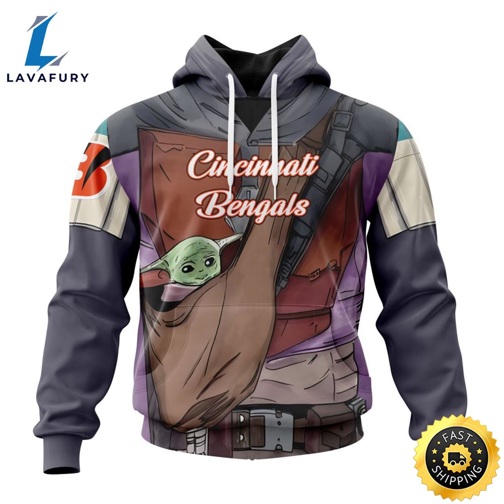 NFL Cincinnati Bengals Custom Name Number Mandalorian And Baby Yoda Pullover Hoodie