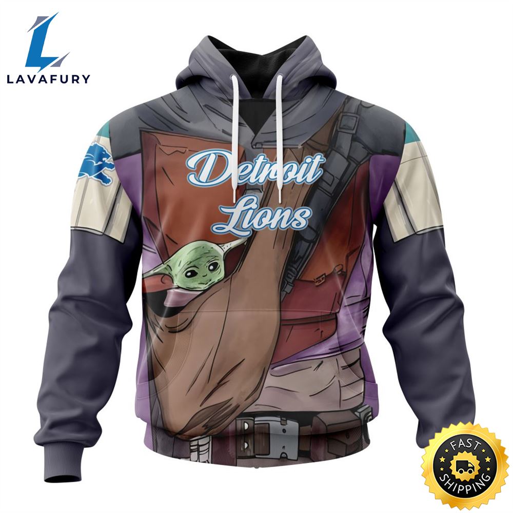 NFL Detroit Lions Custom Name Number Mandalorian And Baby Yoda Pullover Hoodie