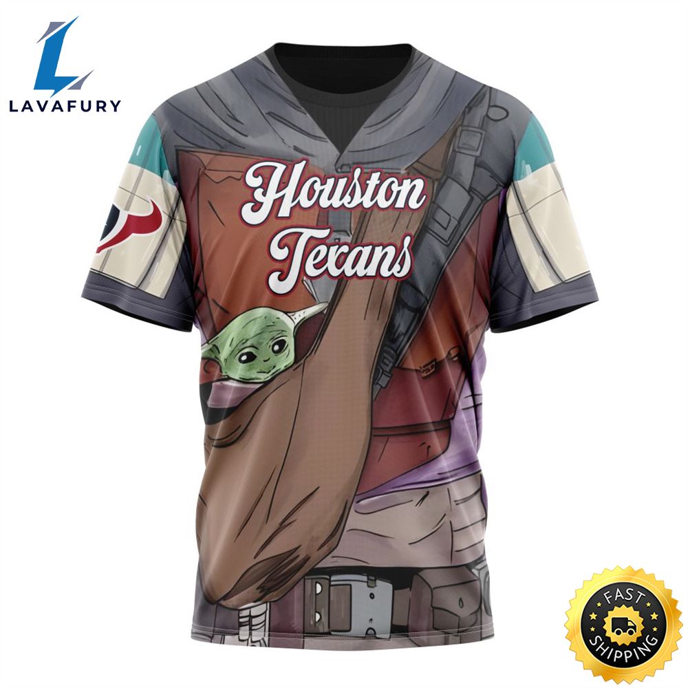 NFL Houston Texans Custom Name Number Mandalorian And Baby Yoda T-Shirt