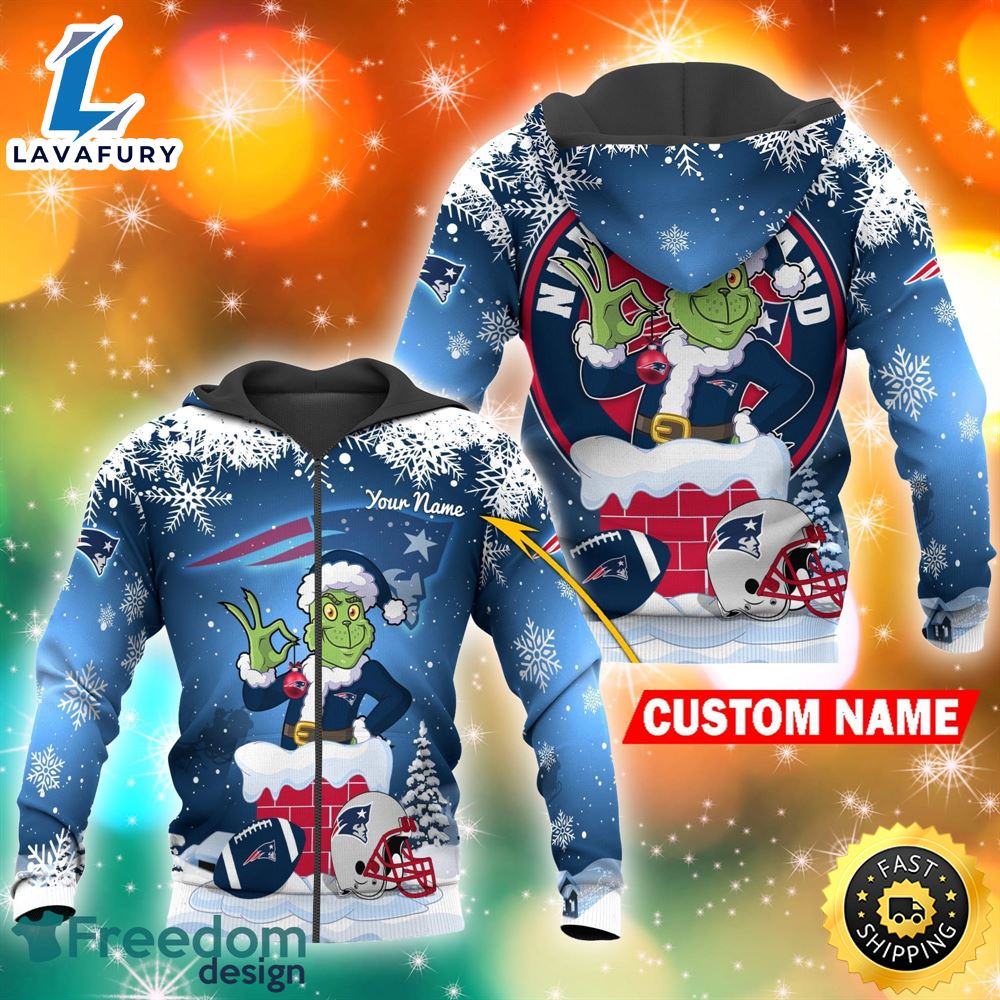 New England Patriots Nfl Christmas Grinch In Chimney 3d Hoodie Pullover Prints Custom Name