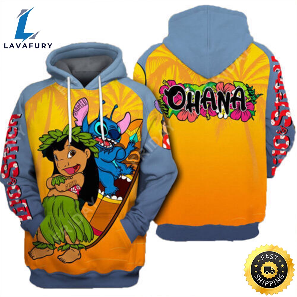 Ohana Stitch And Lilo Cartoon Lovers 3d Hoodie All Over Print Mother Day Gift