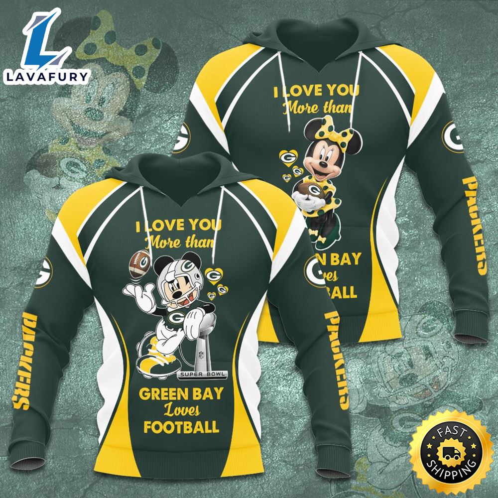 Personalized Green Bay Packers Mickey Minnie Mouse I Love You All Over Print 3D Casual Unisex Couple Hoodie