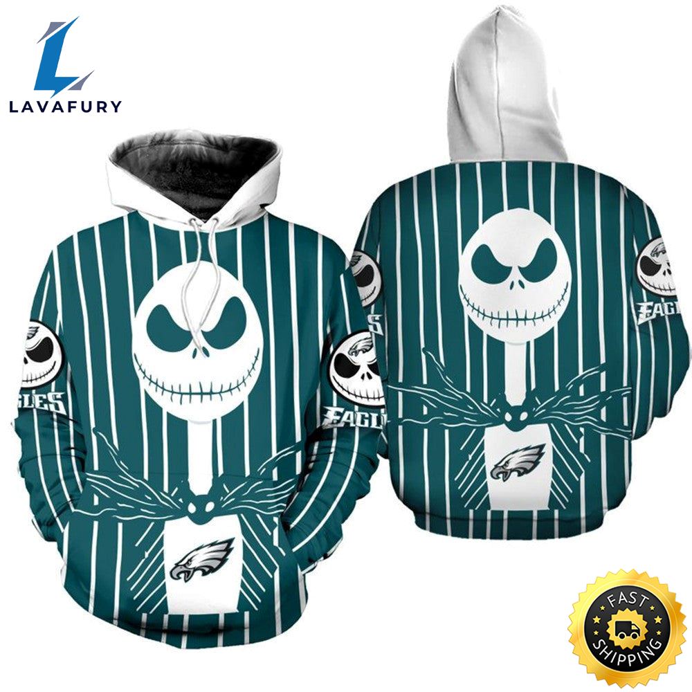 Philadelphia Eagles Halloween Green Jack Skellington Super Bowl 3d Pullover Hoodie