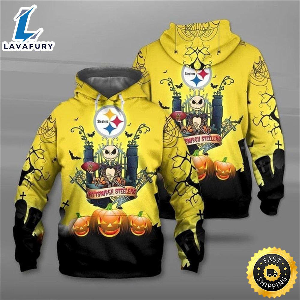 Pittsburgh Steelers Halloween With Pumpkin Jack Skellington Yellow Super Bowl 3d Pullover Hoodie