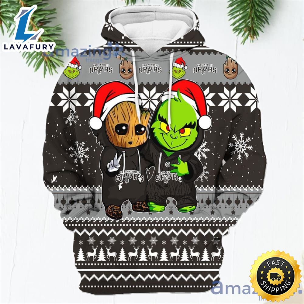 San Antonio Spurs Baby Groot And Grinch Best Friends New Trends Christmas Gift 3d Hoodie For Men And