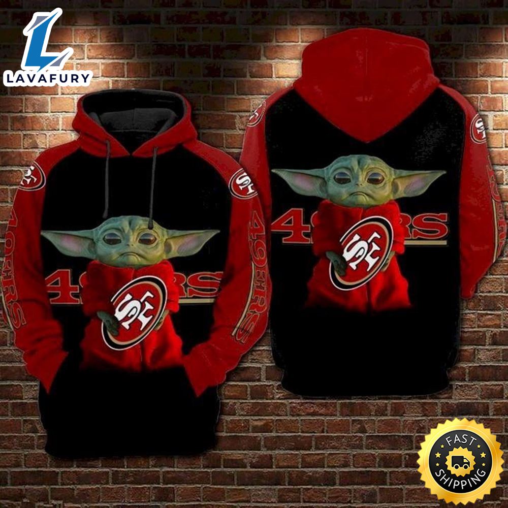 San Francisco 49ers Hug Baby Yoda Red Black 3d Hoodie All Over Printed