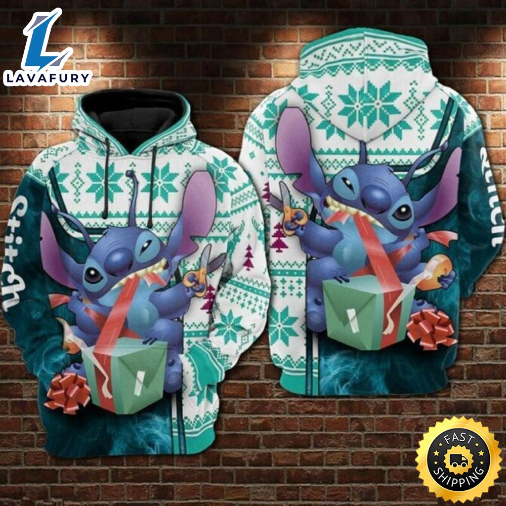 Stitch Open Gift Christmas Pattern Blue 3d Hoodie All Over Print