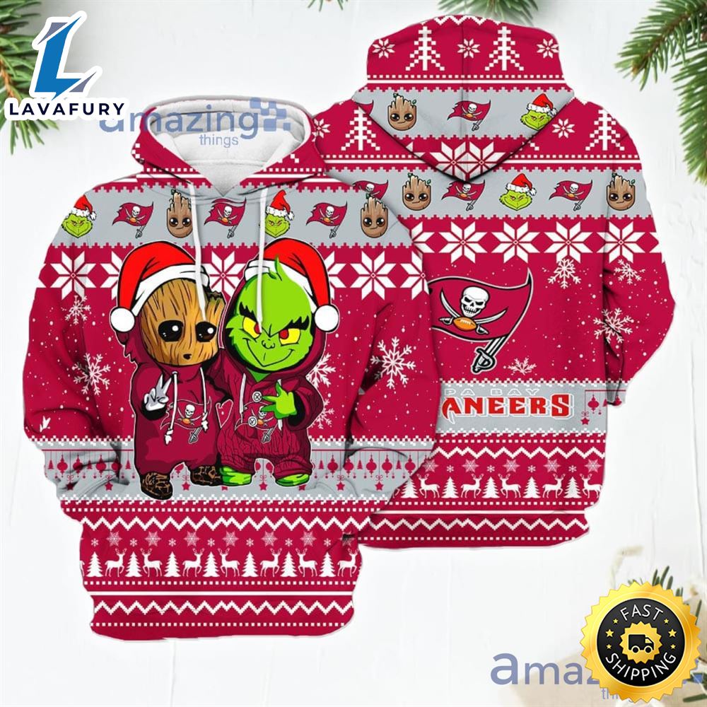 Tampa Bay Buccaneers Baby Groot And Grinch Best Friends New Trends Christmas Gift 3d Hoodie For Men And