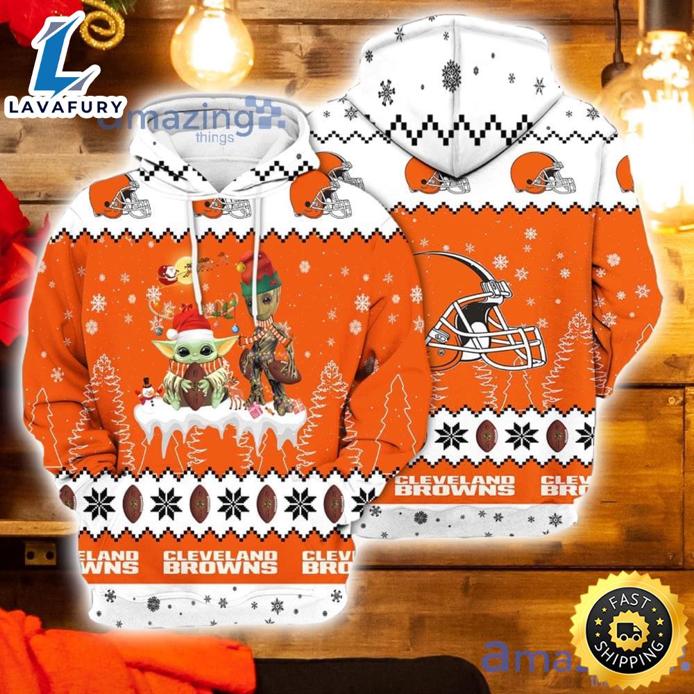 Tis The Season Christmas Gift Baby Yoda Groot Football Fans Cleveland Browns 3d Hoodie For Men And
