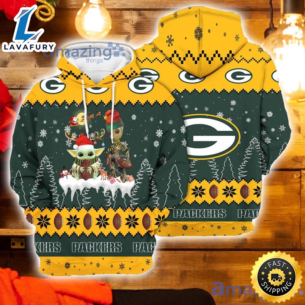 Tis The Season Christmas Gift Baby Yoda Groot Football Fans Green Bay Packers 3d Hoodie For Men And
