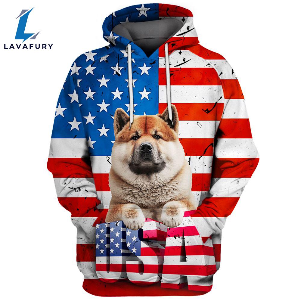 Akita Dog 3D Face Graphic Premium America Flag Hoodie For Lover Dogs
