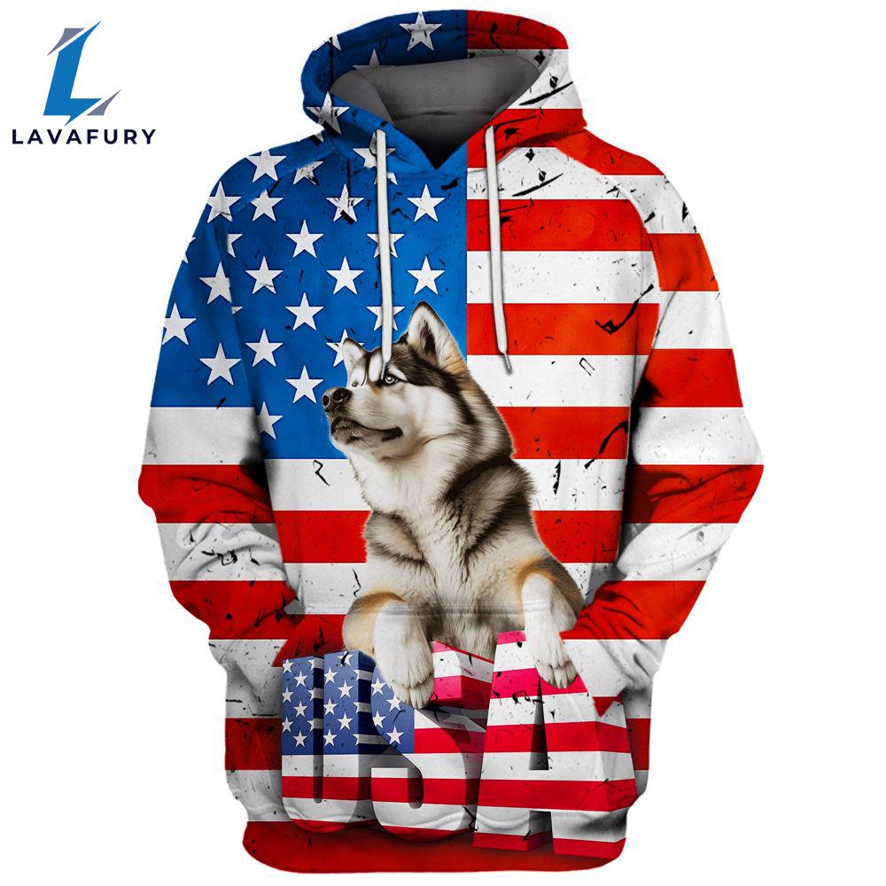 Alaskan Malamute Dog 3D Face Graphic Premium America Flag Hoodie For Lover Dogs