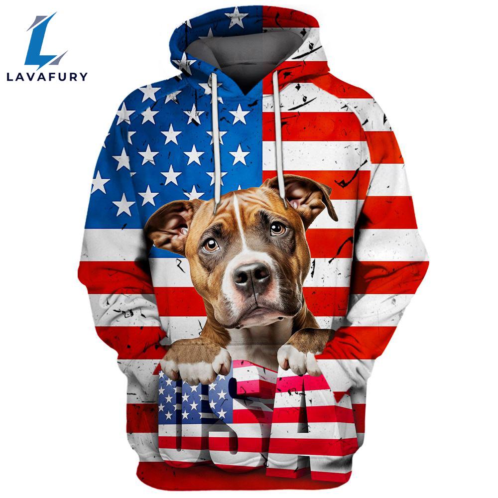 American Staffordshire Terrier Dog 3D Face Graphic Premium America Flag Hoodie For Lover Dogs