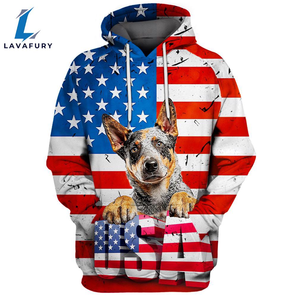 Australian Cattle Dog 3D Face Graphic Premium America Flag Hoodie For Lover Dogs