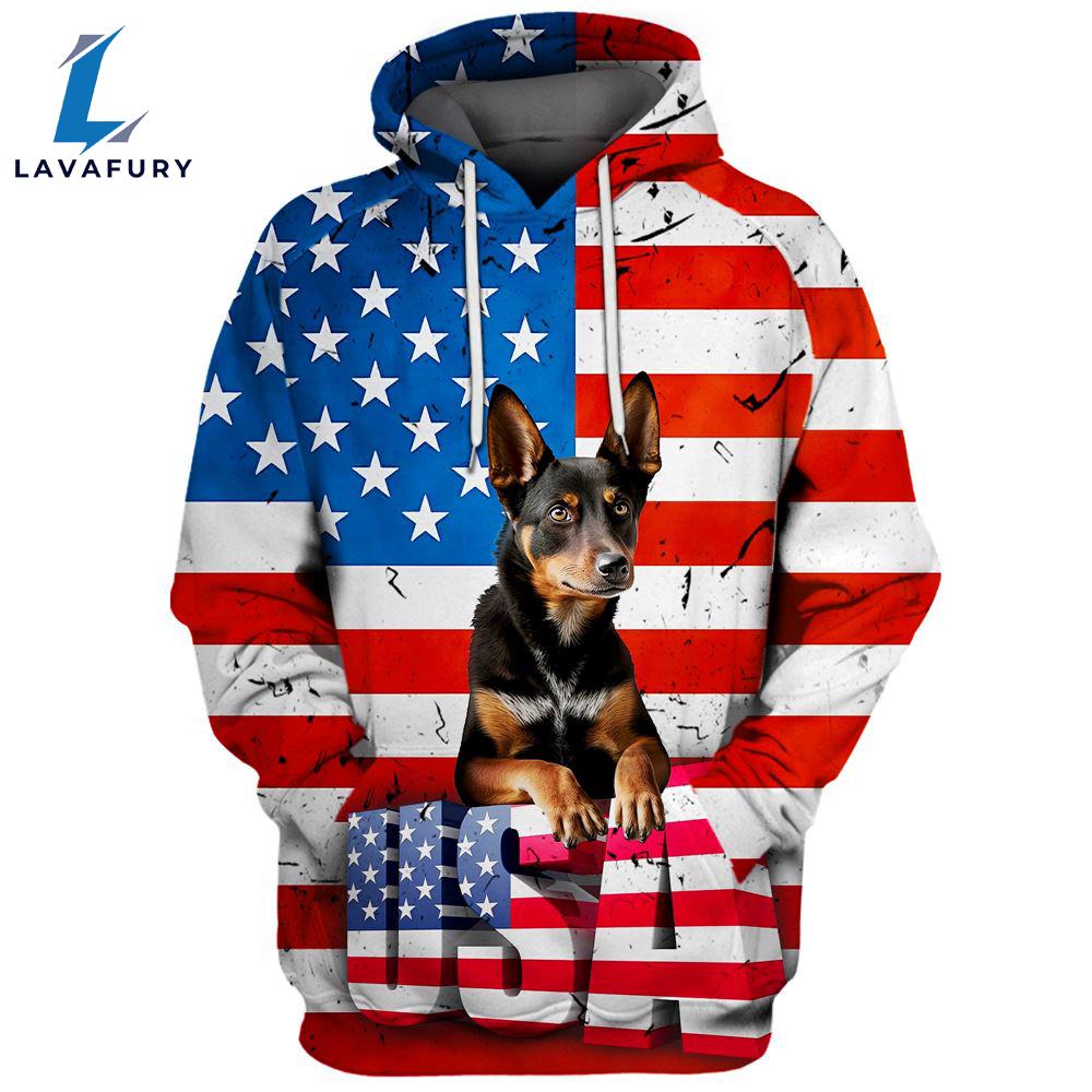 Australian Kelpie Dog 3D Face Graphic Premium America Flag Hoodie For Lover Dogs