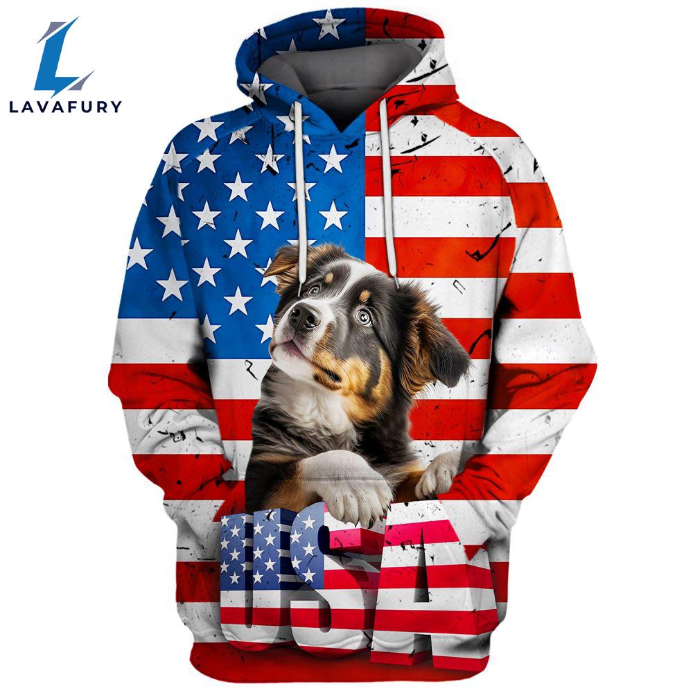 Australian Shepherd Dog 1 3D Face Graphic Premium America Flag Hoodie For Lover Dogs