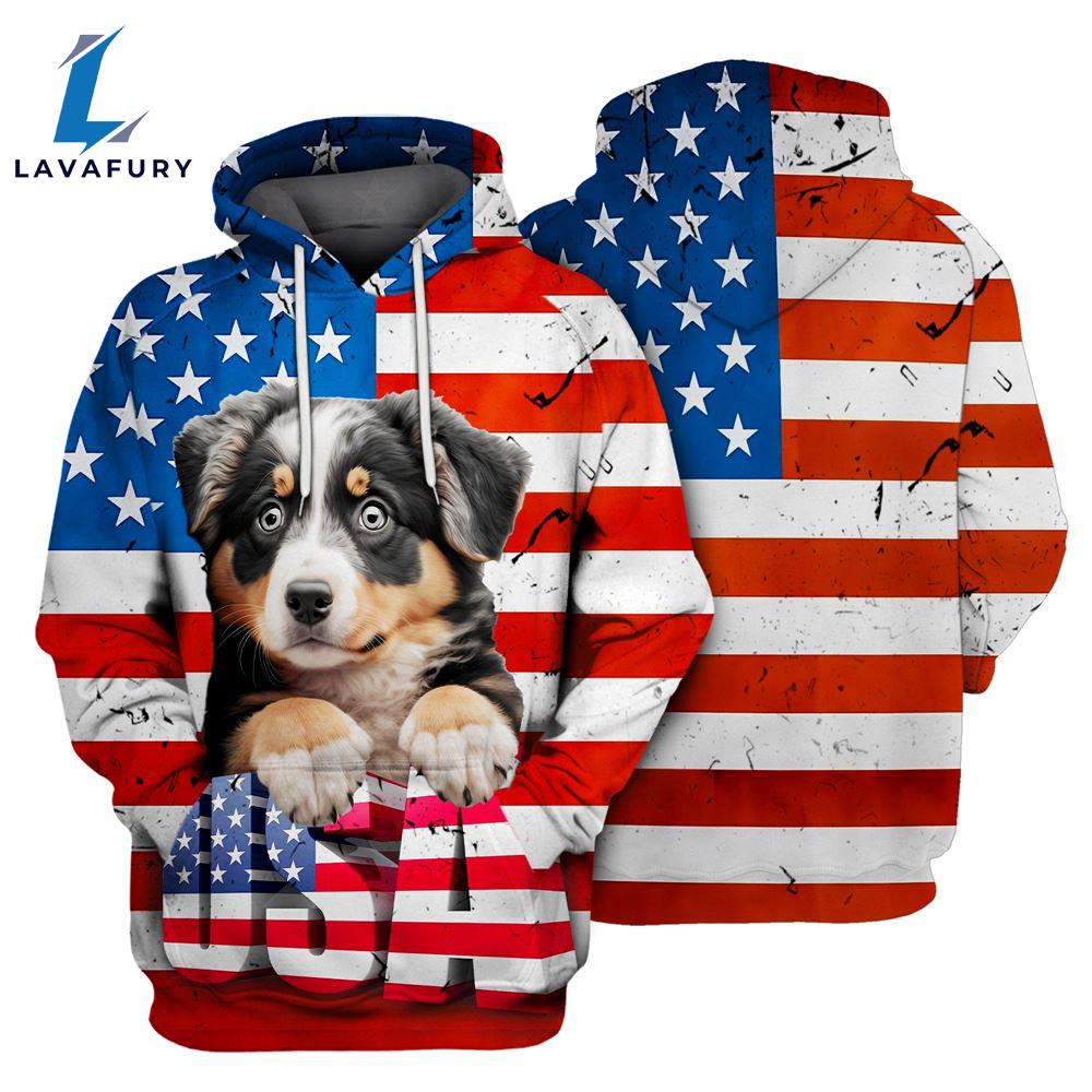 Australian Shepherd Dog 2 3D Face Graphic Premium America Flag Hoodie For Lover Dogs