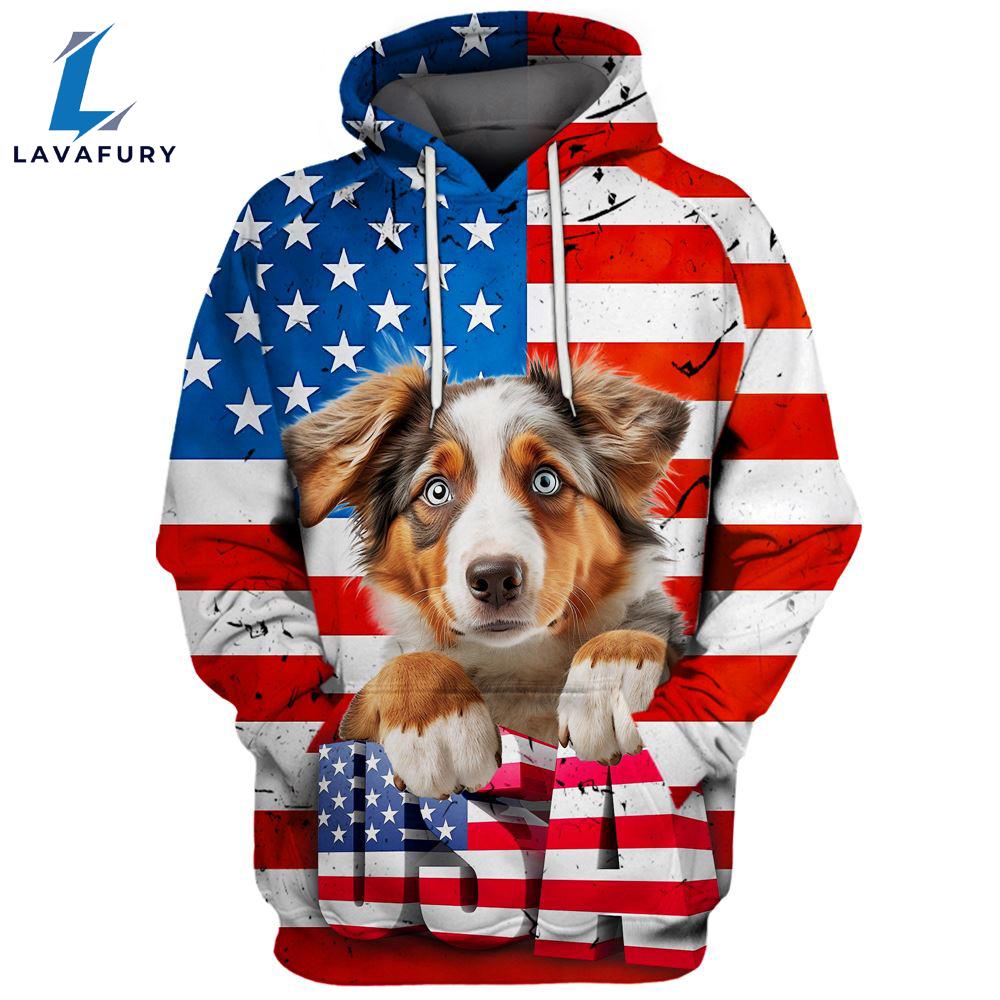 Australian Shepherd Dog 3 3D Face Graphic Premium America Flag Hoodie For Lover Dogs