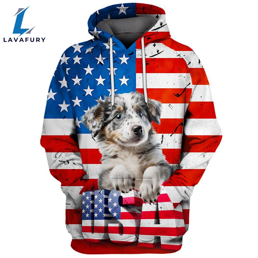 Australian Shepherd Dog 4 3D Face Graphic Premium America Flag Hoodie For Lover Dogs