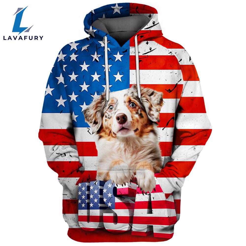 Australian Shepherd Dog 5 3D Face Graphic Premium America Flag Hoodie For Lover Dogs