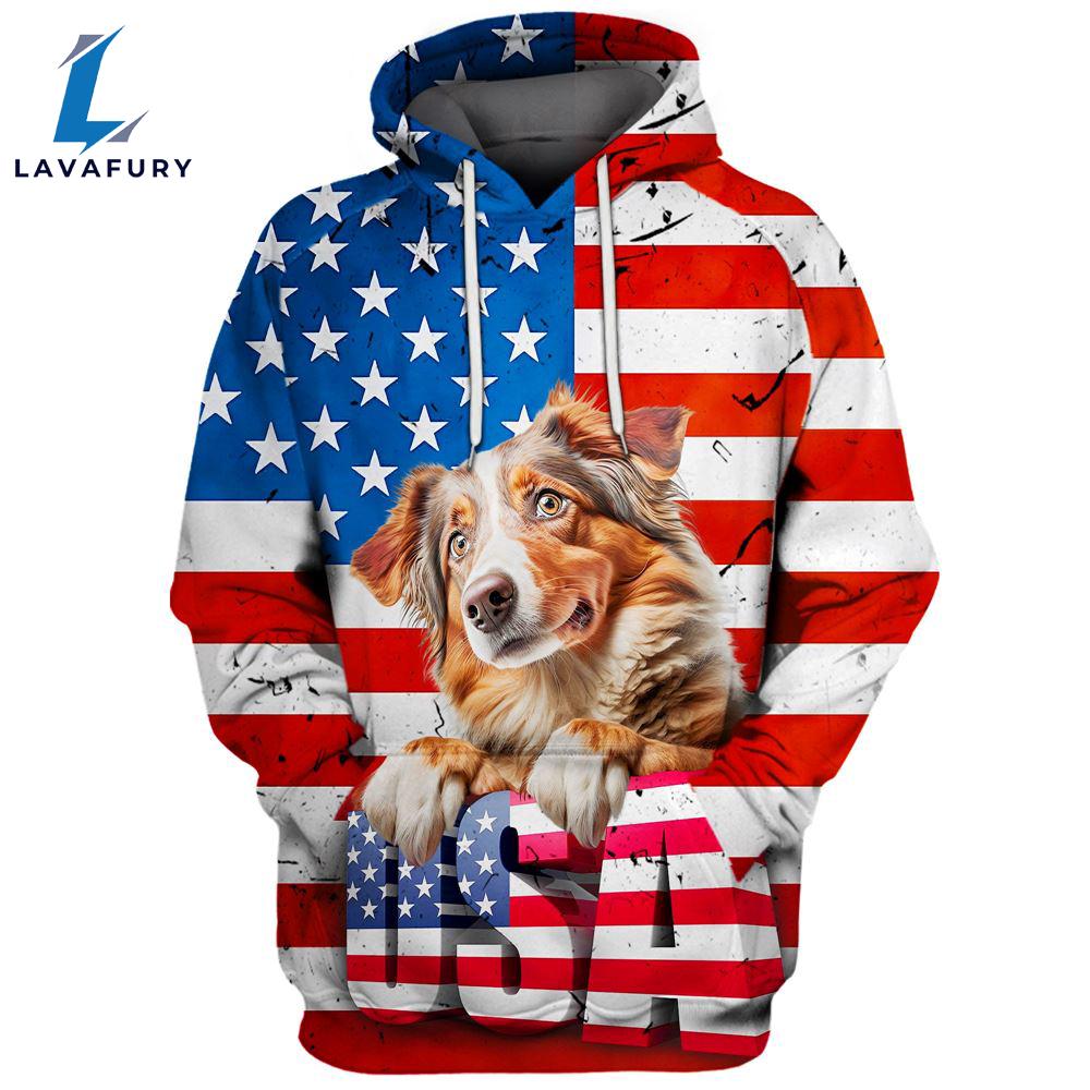 Australian Shepherd Dog 6 3D Face Graphic Premium America Flag Hoodie For Lover Dogs