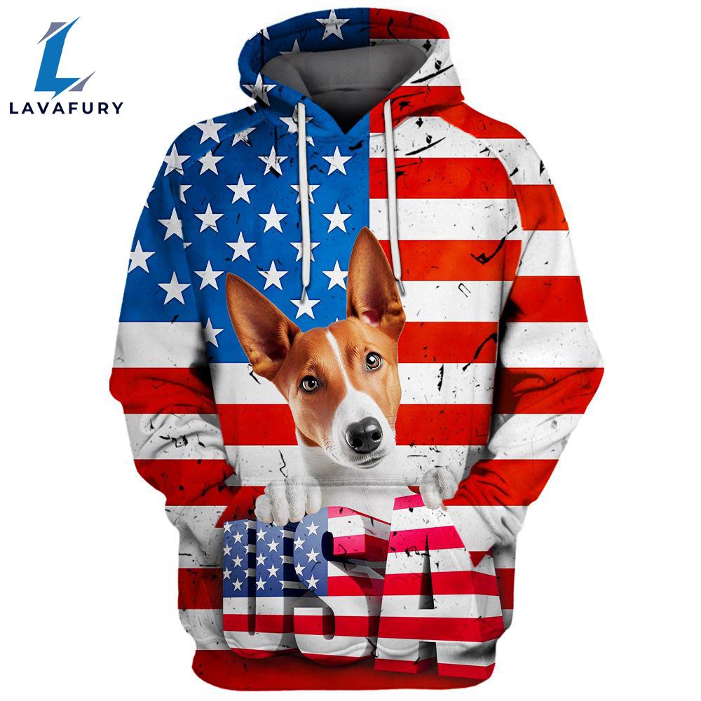 Basenji Dog 3D Face Graphic Premium America Flag Hoodie For Lover Dogs