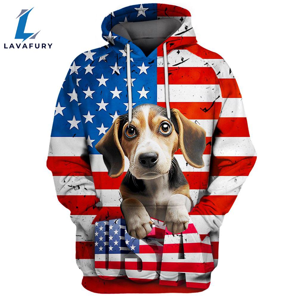 Beagle Dog 3 3D Face Graphic Premium America Flag Hoodie For Lover Dogs