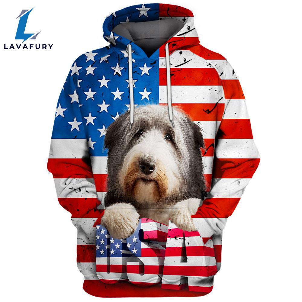 Bearded Collie Dog 3D Face Graphic Premium America Flag Hoodie For Lover Dogs