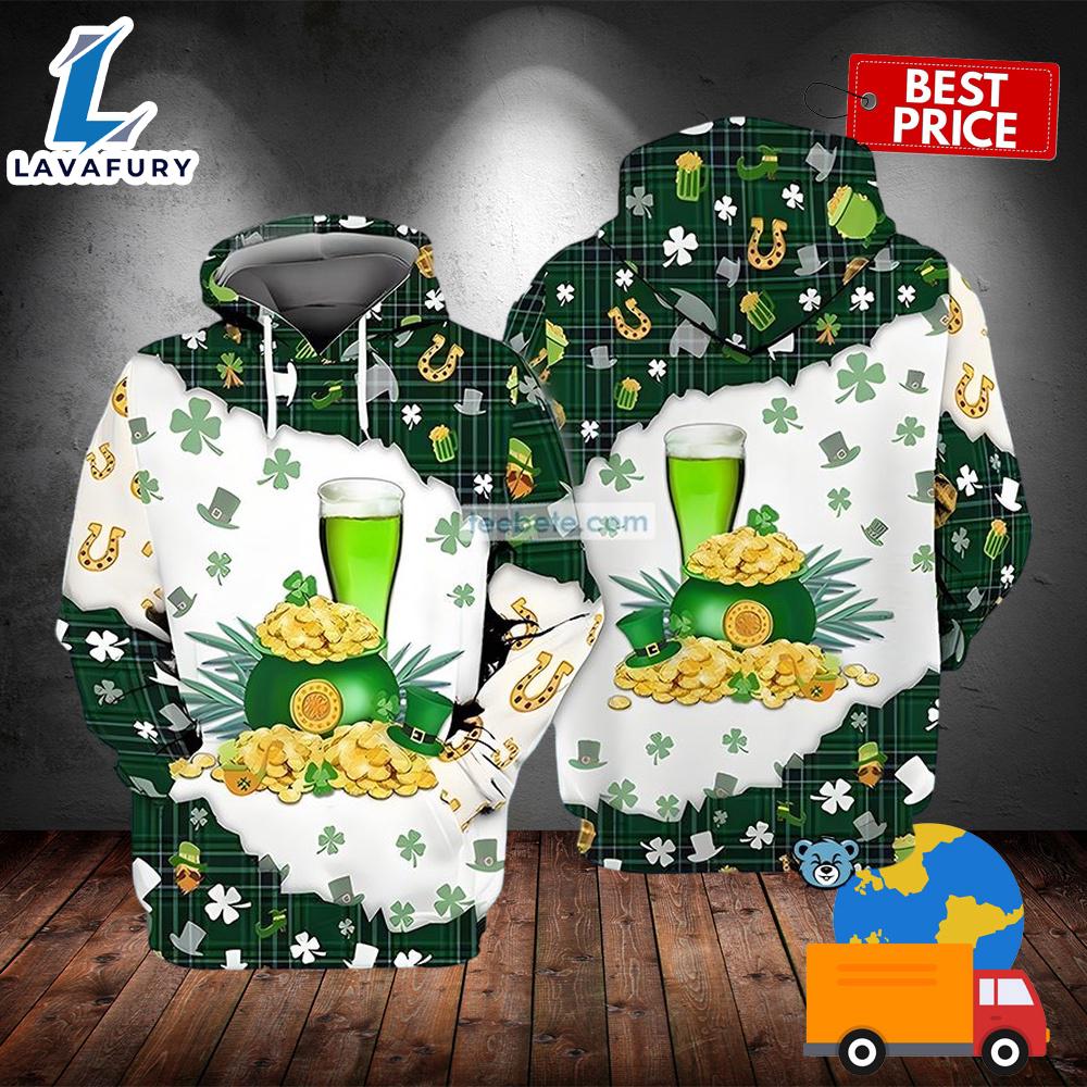 Beer With Gold St Patrick Day Green White 3D Hoodie For 2025