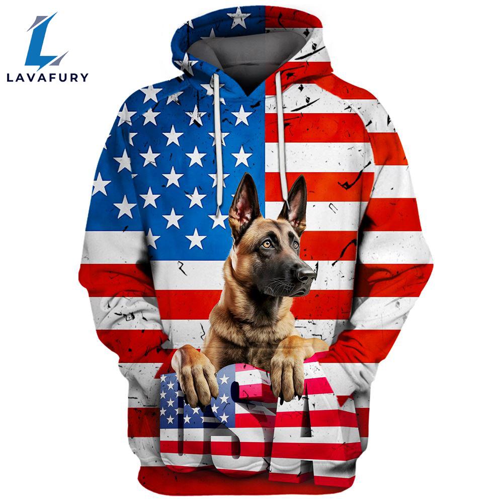 Belgian Malinois Dog 3D Face Graphic Premium America Flag Hoodie For Lover Dogs