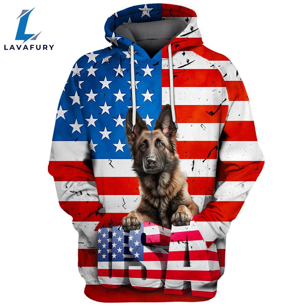 Belgian Shepherd Dog 3D Face Graphic Premium America Flag Hoodie For Lover Dogs