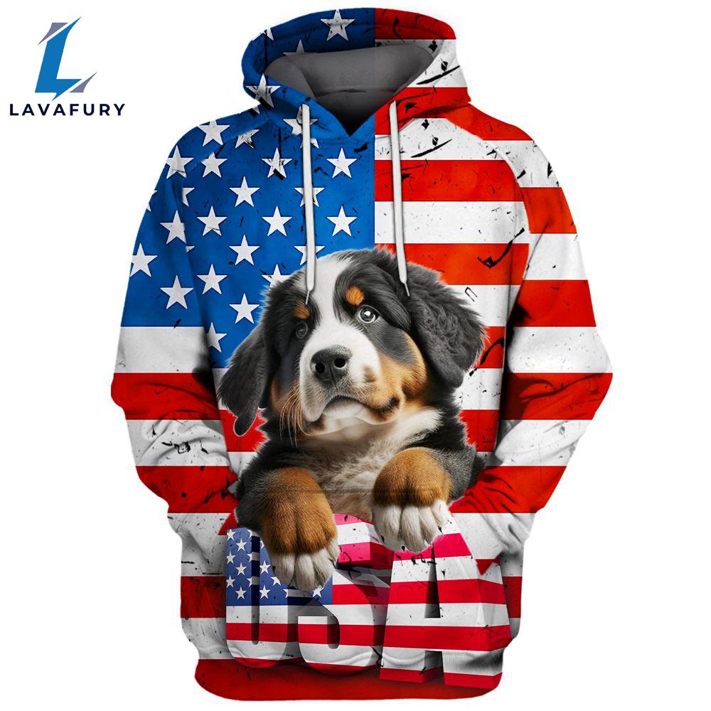 Bernese Mountain Dog 3D Face Graphic Premium America Flag Hoodie For Lover Dogs