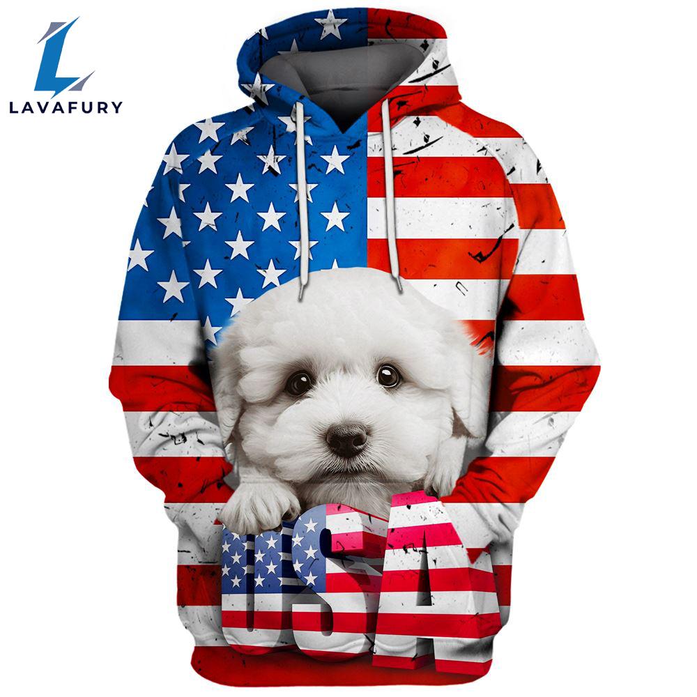 Bichon Frise Dog 3D Face Graphic Premium America Flag Hoodie For Lover Dogs