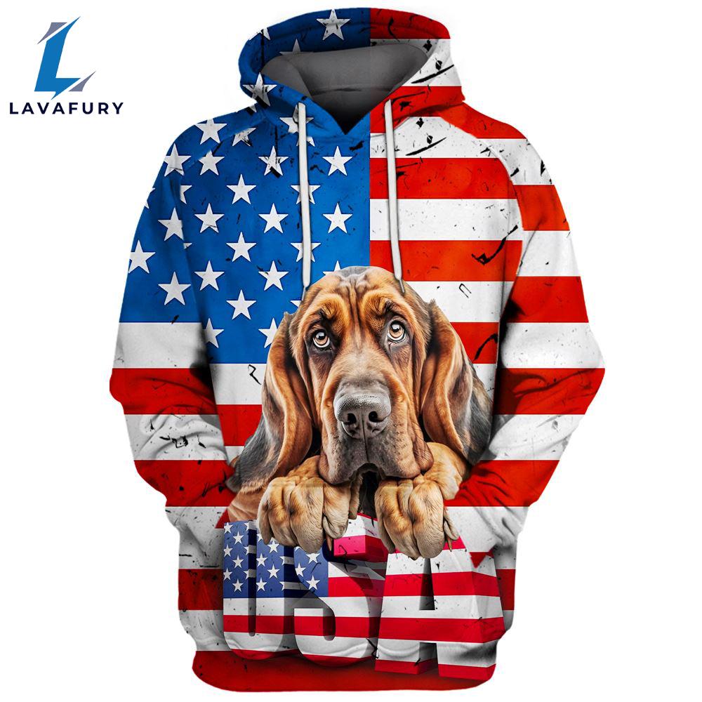 Bloodhound Dog 3D Face Graphic Premium America Flag Hoodie For Lover Dogs