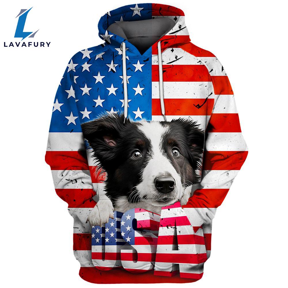 Border Collie Dog 3D Face Graphic Premium America Flag Hoodie For Lover Dogs