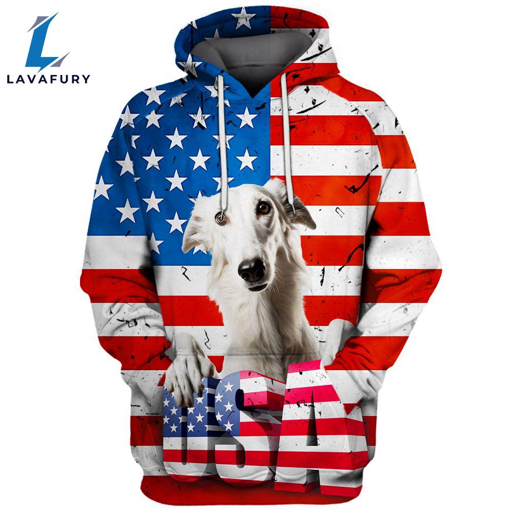 Borzoi Dog 3D Face Graphic Premium America Flag Hoodie For Lover Dogs