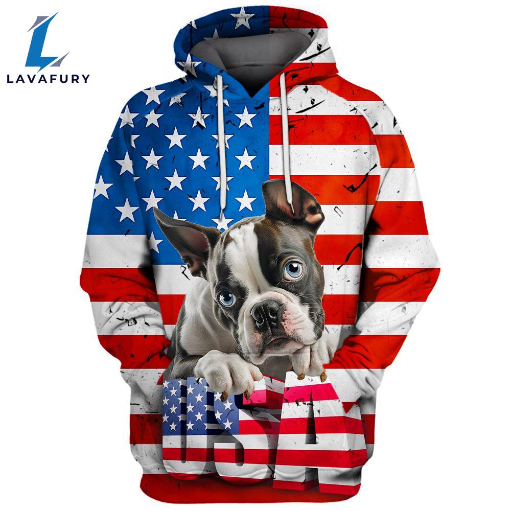 Boston Terrier Dog 3D Face Graphic Premium America Flag Hoodie For Lover Dogs